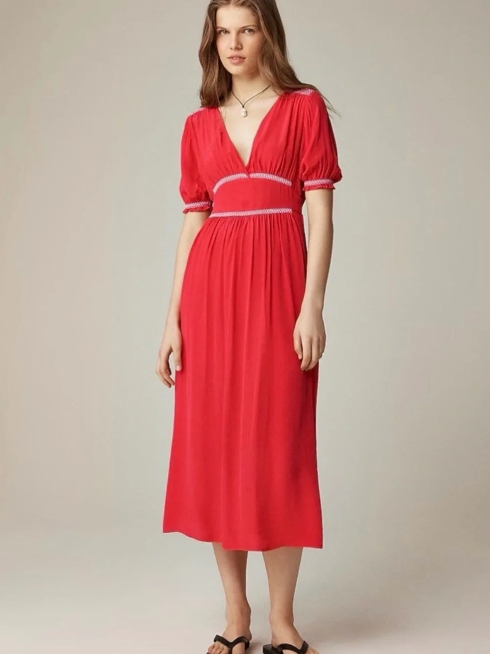J. Crew Crimson Red V-Neck Maxi Dress with Embroidered Trim